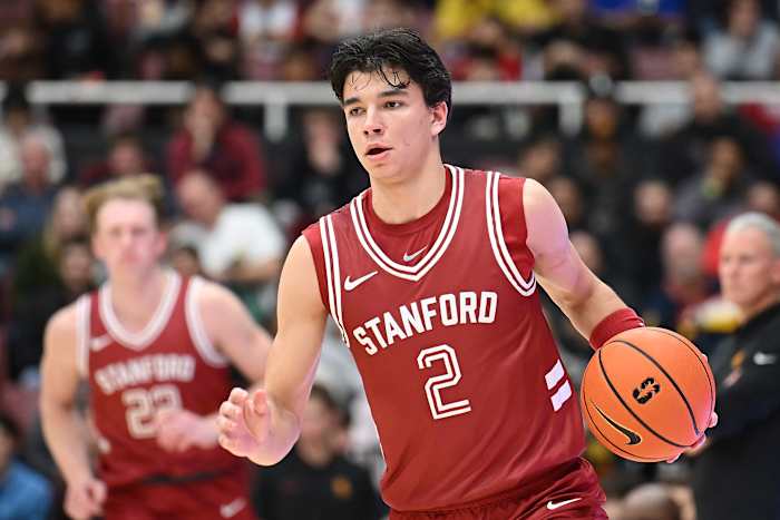 Feb 10, 2024; Stanford, California, USA; Stanford Cardinal guard Andrej Stojakovic (2) dribbles the ball against the USC Trojans during the second half at Maples Pavilion. Mandatory Credit: Robert Edwards-USA TODAY Sports
